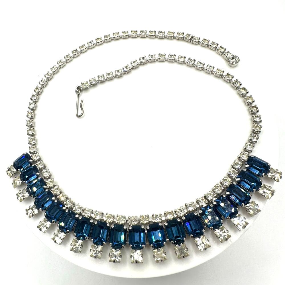 1950s vintage silver tone clear Montana blue glass rhinestones swag necklace - Picture 2 of 8